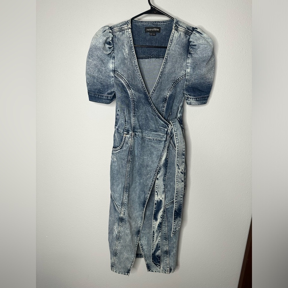 Retrofete Zelda Wrap Dress Sienna Blue Denim V-Neck Puff Sleeve Sz XS